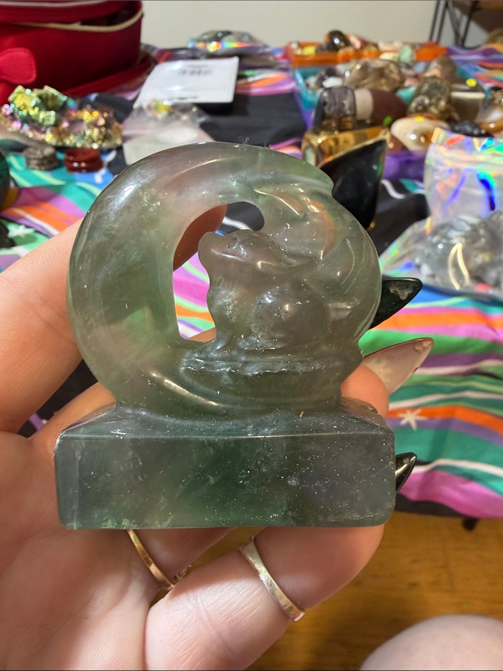 Hand-Carved Green fluorite Crystal  Sculpture - Home Accent wolf and moon